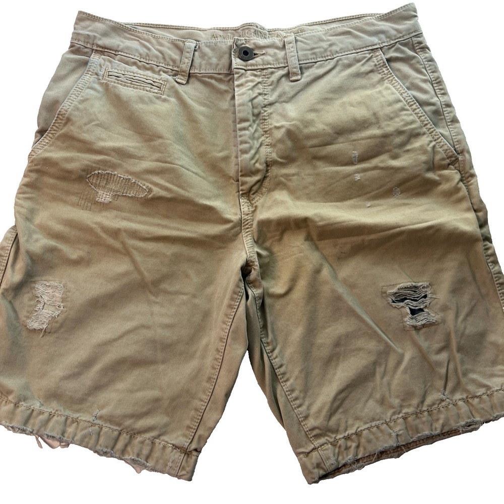 American Eagle Men's Shorts Size 31 Khaki Distressed Cotton Classic Fit See Pics